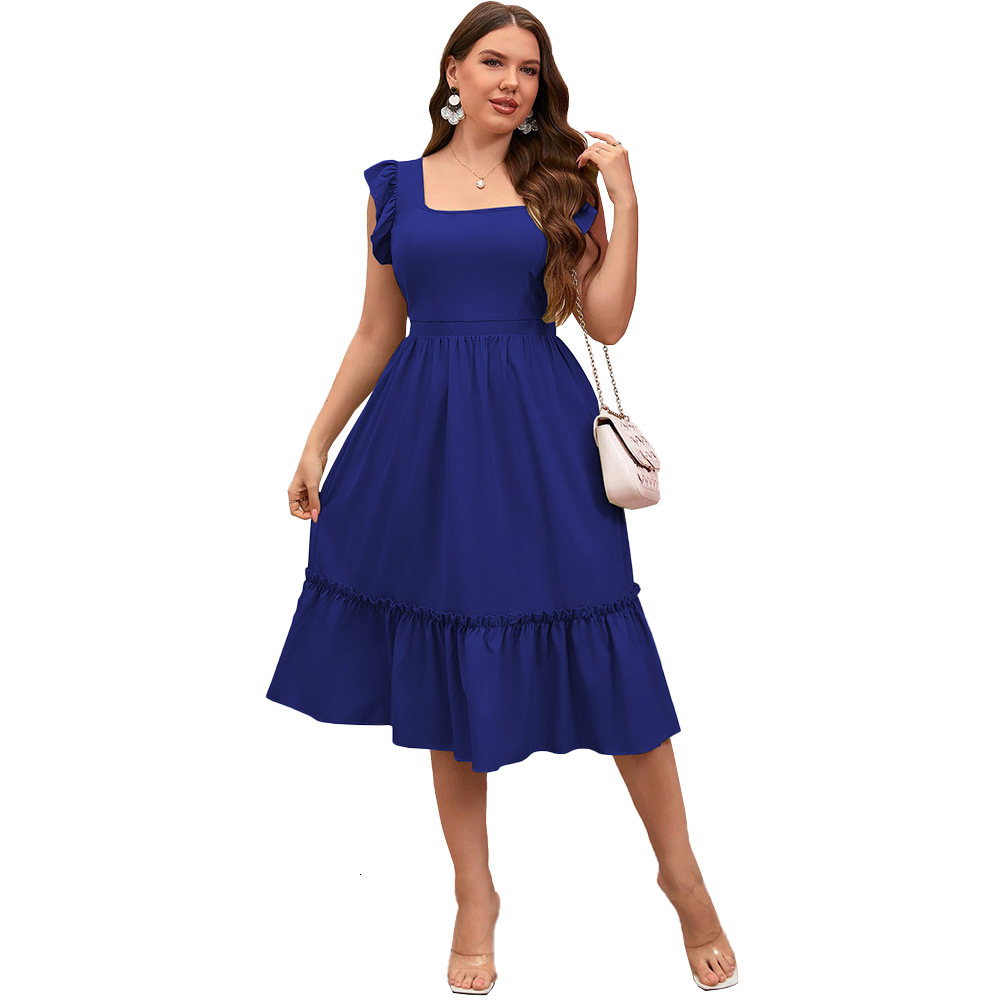 Plus Size Womens Square Neck Lotus Leaf Sleeve Dress Summer New Style Vacation Casual Mid Length Skirt