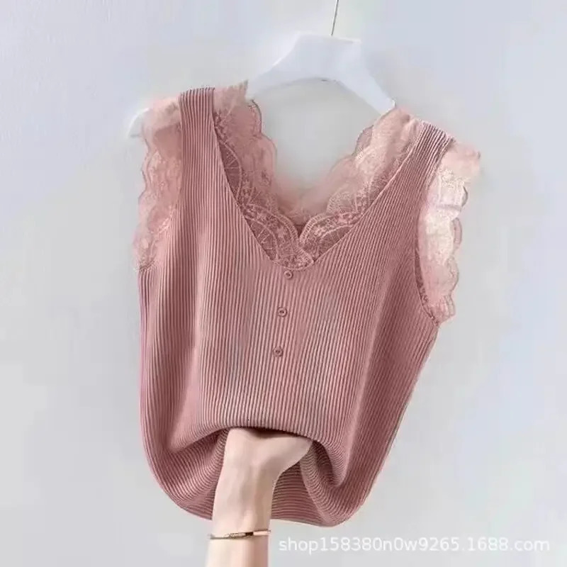 Plus Size Ice Silk Vest Womens Stylish Screw Thread Suit Inner Outer Wear Tanklace Joining Sexy Back Base Layer Top 250514