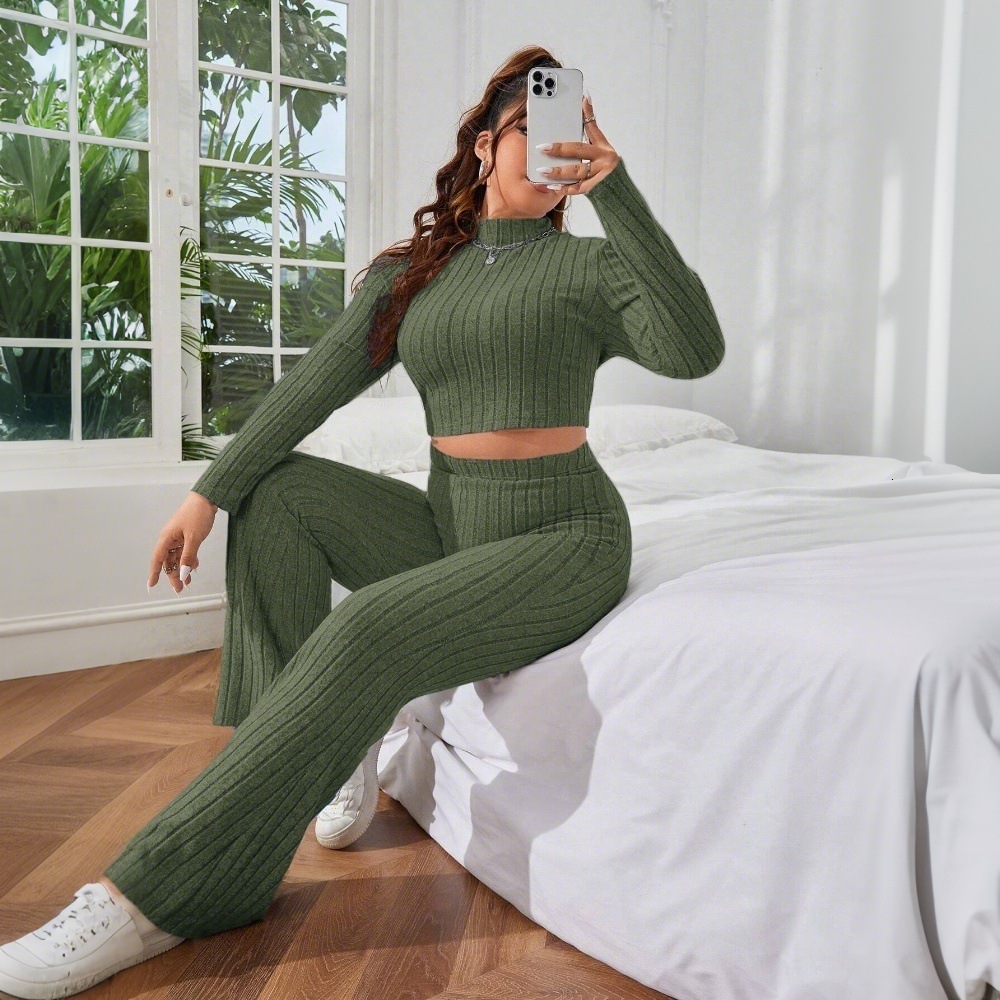 Large Size Womens Simple Commuting Home Fashion Set Autumn and Winter Solid Color Comfortable Slim Fit Two-piece Set