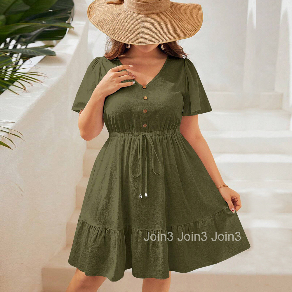 Summer Large Womens Style Short Sleeve Waist Strap Holiday Dress