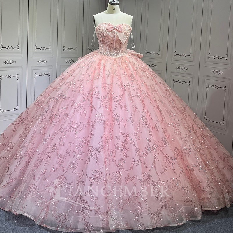 Pink Shiny Quinceanera Dresses Off Shoulder Ball Gown Sweet 16 Dress Sequin Applique Lace Beading Crystal Bow Tull Birthday Party