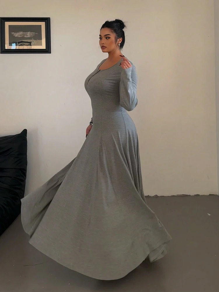 Plus size Solid colour Knitted Elegant Waist Slim A-line Draped dress long womens polyester 2025 Summer 250515