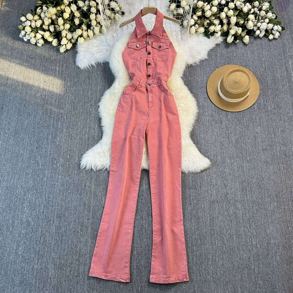 Wide Leg Jumpsuit Summer Denim Jumpsuit With Feminine Style Featuring Hanging Neck Sleeveless Design Exposed Back High Waist Slimming Effect And A Sli