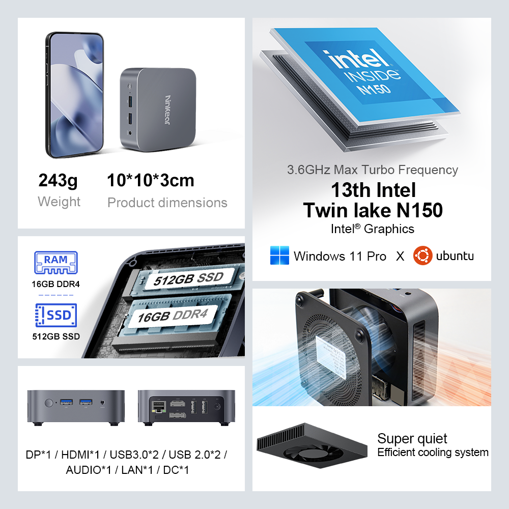 Ninkear MBOX 11, Intel Processor N150 (up to 3.6 GHz), 16GB DDR4 RAM 512G M.2 SSD,Mini Desktop Computer for Business, Education, Home