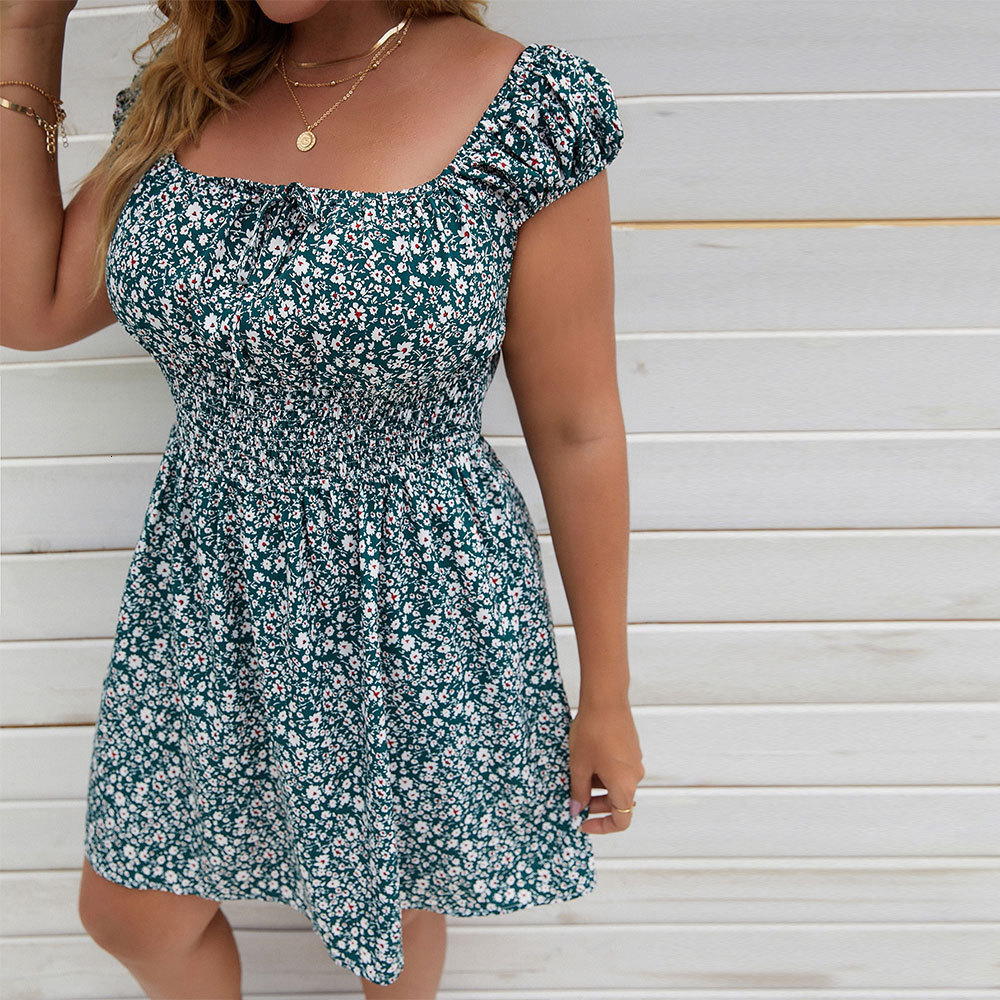 Plus Size Womens Waist Cinched Square Neck Big Swing Small Floral Home Vacation Beach Suspender Dress