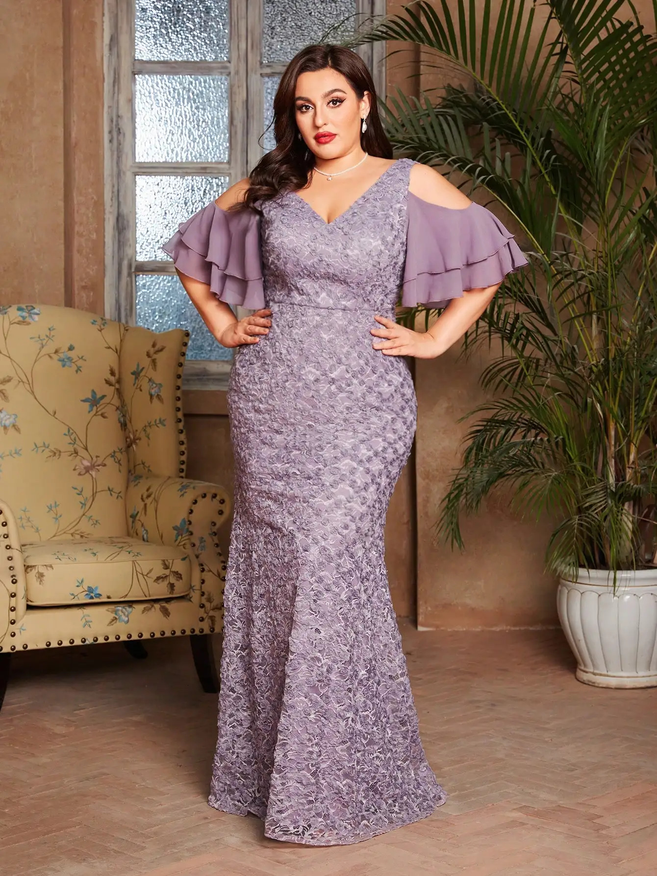 Mgiacy plus sizeV-neck romantic three-dimensional lace patchwork chiffon multi-layer off-the-shoulder sleeve fishtail slim dress 250515