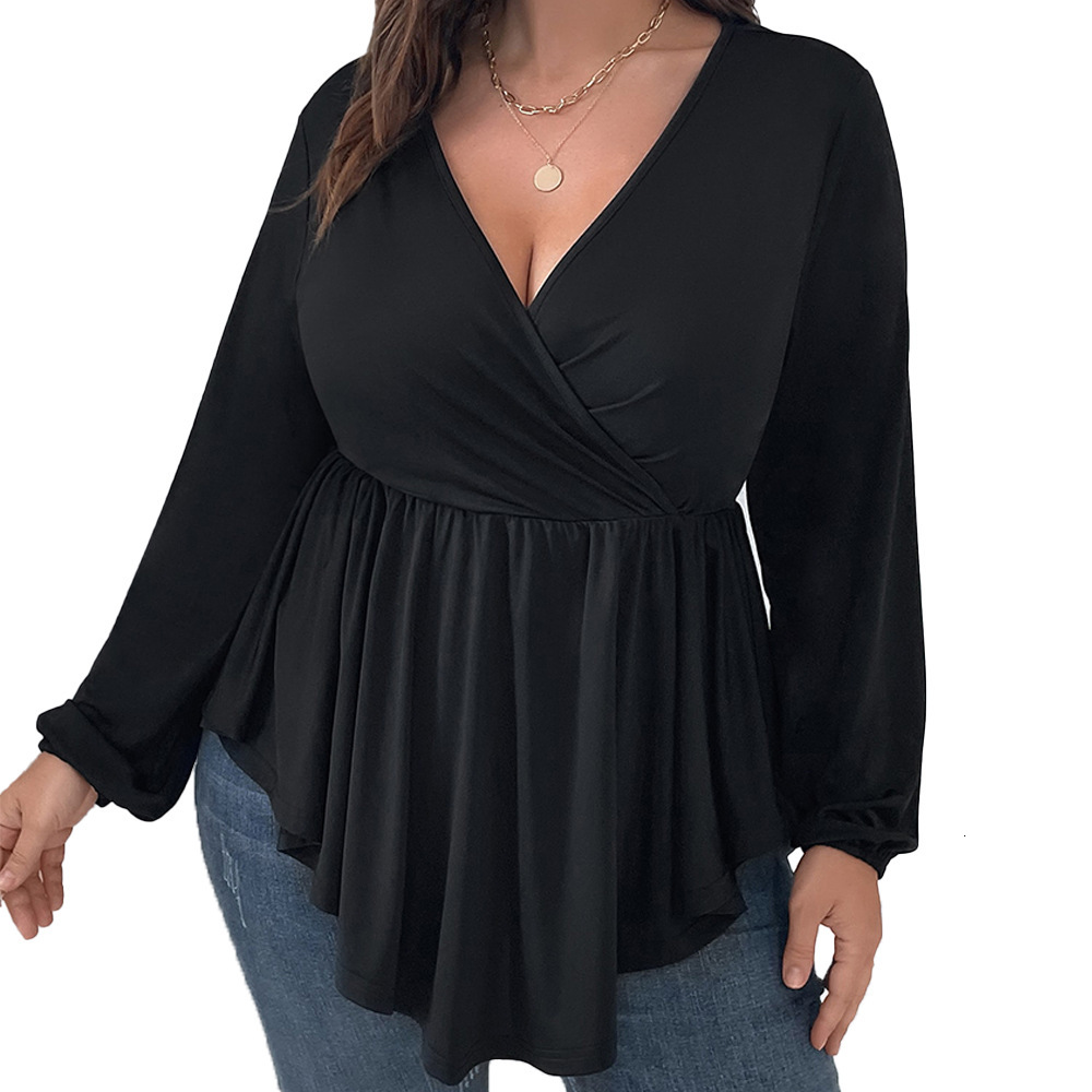 Large Size Feminine V-neck Cinched Waist Slimming Long Sleeved Knitted Long Sleeved Solid Color Large Swing Elastic Waist Top