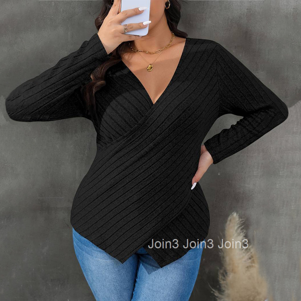 Large Womens Versatile Commuting T-shirt for Autumn and Winter Elegant Style Slim Fit and Slimming with a Pit Stripe Inside the Top