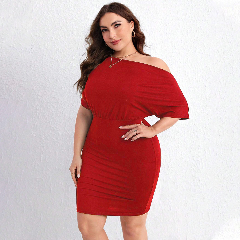 Plus Size Womens Red Dress Summer Diagonal Shoulder Bag Hip Mid Length Skirt Mini Skirt