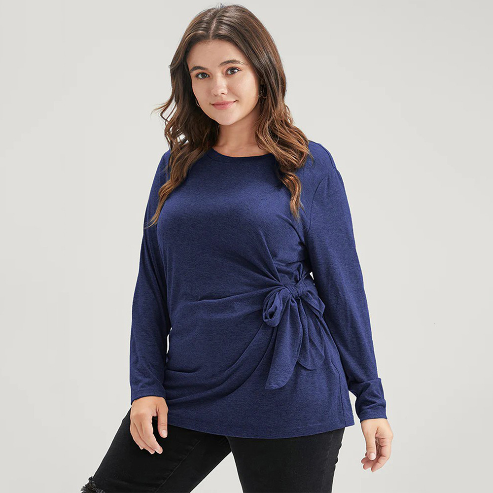 Large Size Womens Simple and Elegant T-shirt for Autumn and Winter Slim Fit Pleated Twisted and Slimming Top