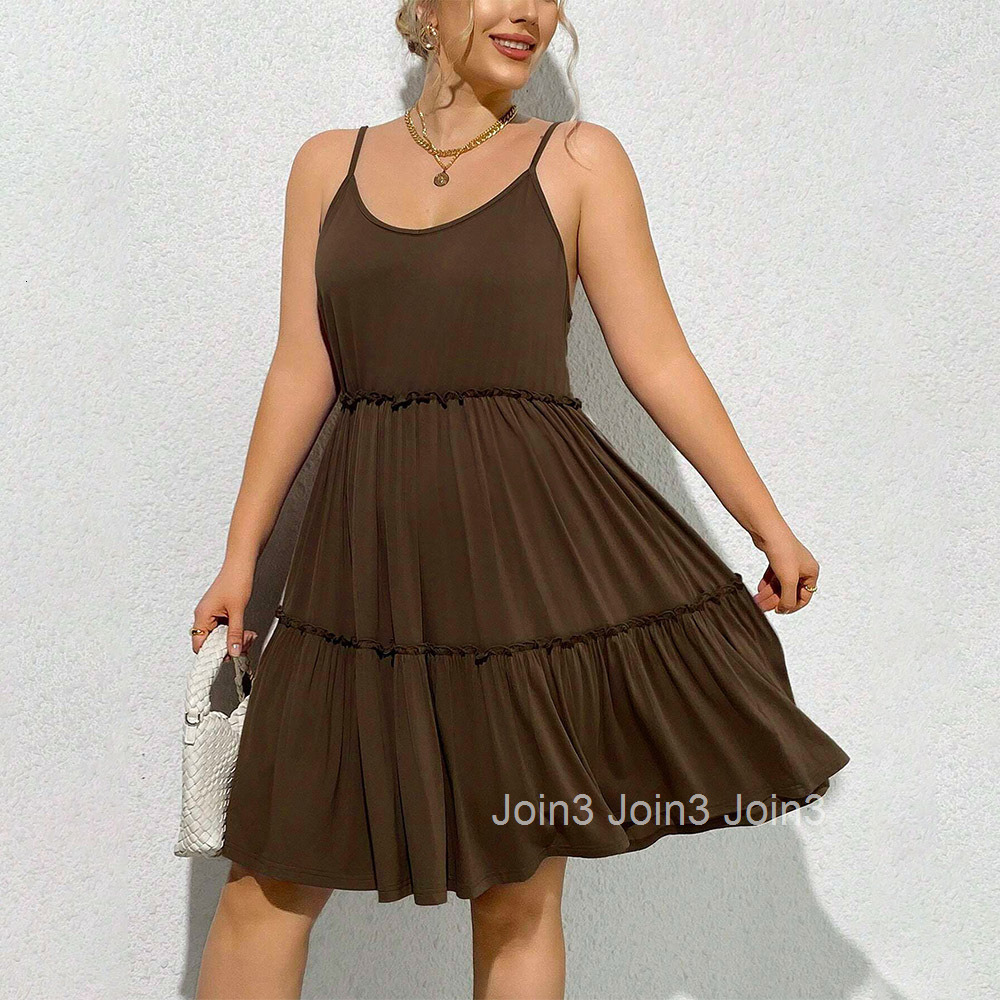 Large Size Womens Elegant Style U-neck Dress Summer New High Waisted Pullover Solid Color Mid Length Skirt