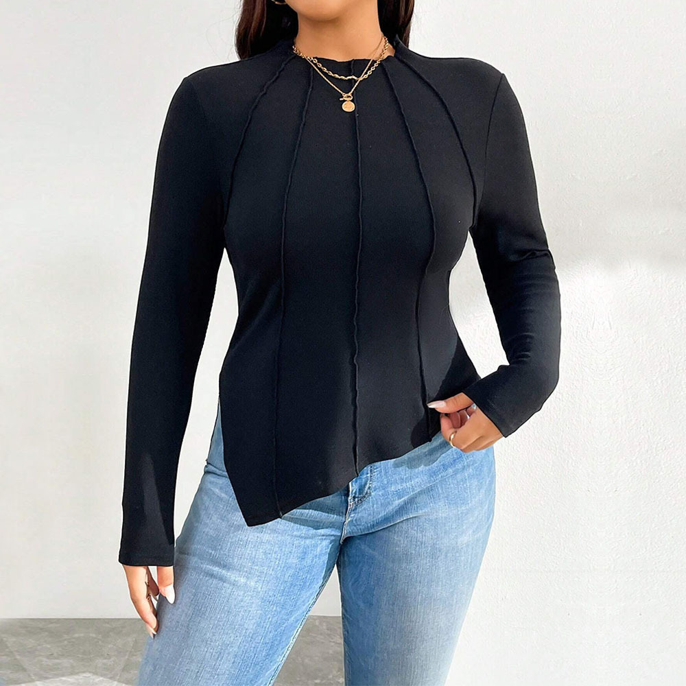 Plus Size Womens Autumn and Winter New Collection Simple and Trendy Design T-shirt Slim Fit Long Sleeved Top