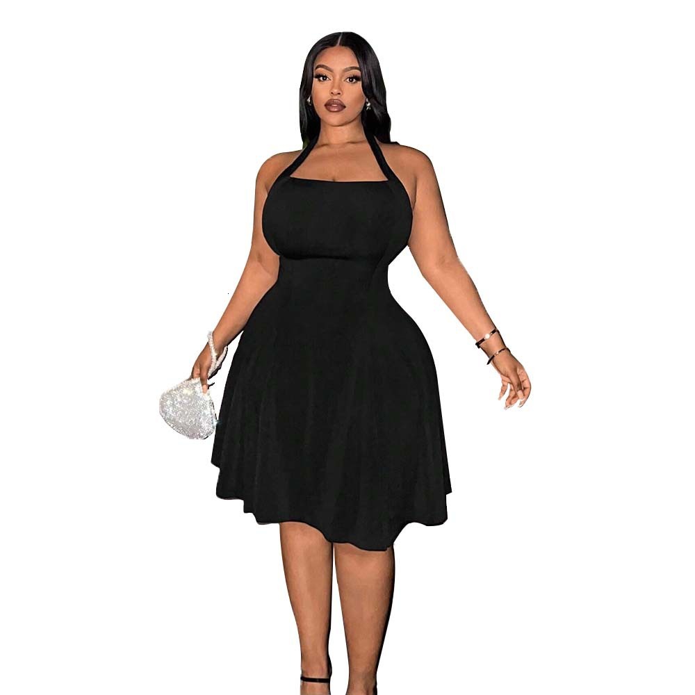 Large Size Womens Square Neck Hanging Neck Dress with a Sense of Luxury and Temperament Waist Cinching A-line Slimming Short Skirt
