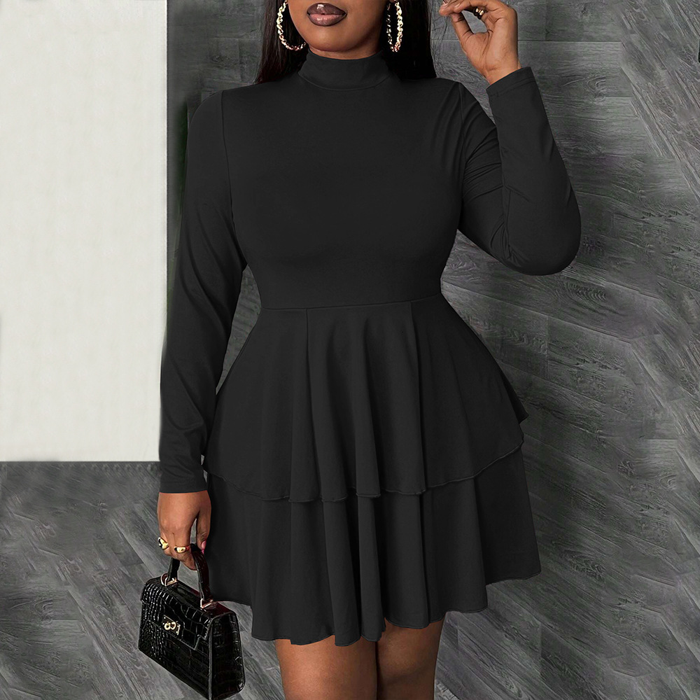 Plus Size Womens Simple Semi High Neck Dress Autumn and Winter Fashion Slim Fit Short Skirt