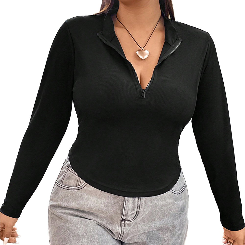 Large Size Womens Solid Color Base Shirt Zipper Long Sleeved T-shirt Womens Autumn and Winter New Sexy Spicy Girl Slim Fit Top
