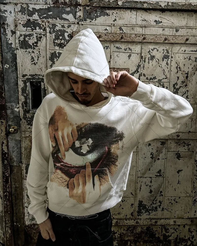 Gothic Punk Trend Y2K Streetwear American Retro Pattern Printed Loose Hoodie Men Hip-hop Harajuku Casual Oversized Sweatshirt 250515