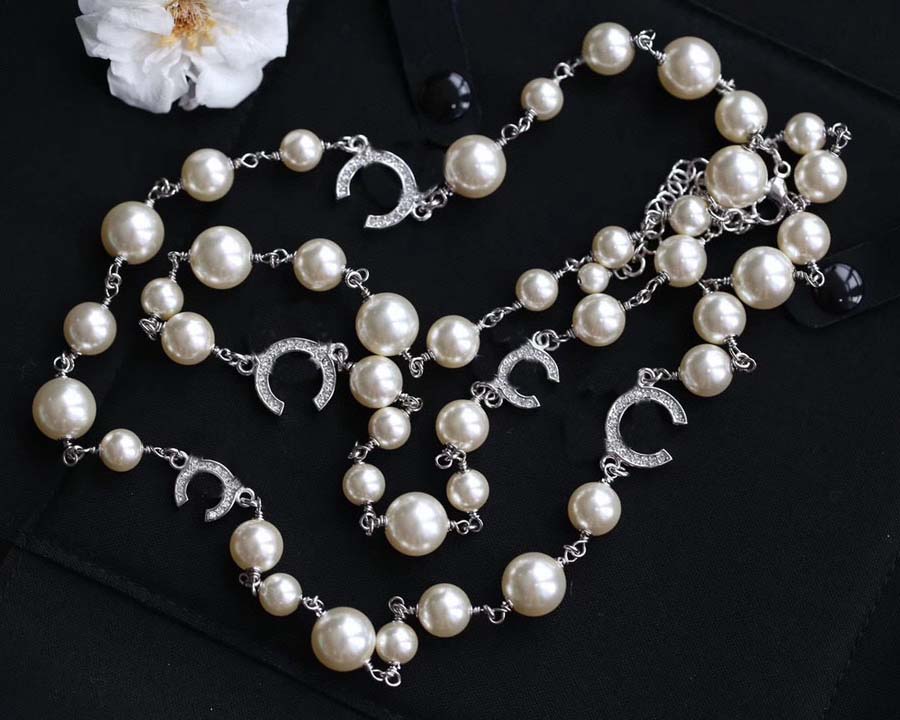 Luxury quality long chain sweater necklace with nature shell beads and diamond in silver color plated have stamp box PS6199