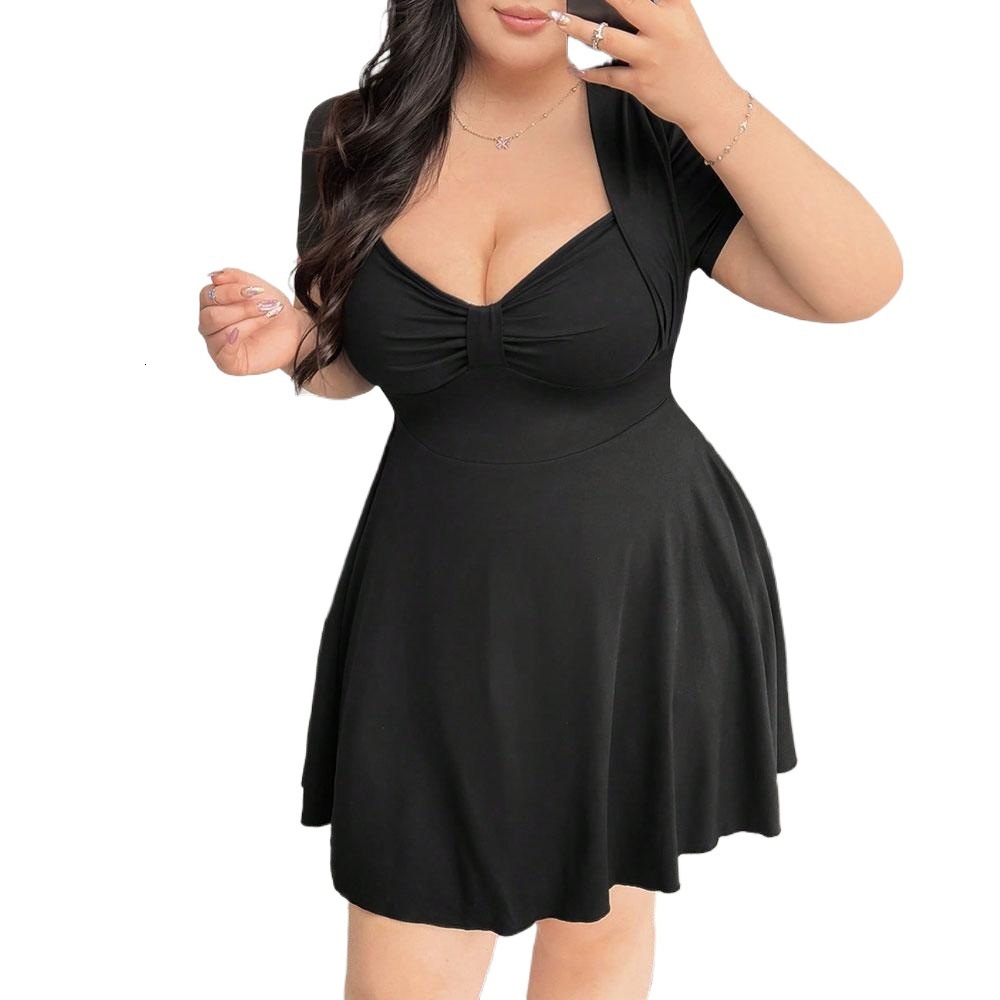 Plus Size Womens Sexy and Pure Desire Dress for Summer V-neck Waist Cinching Slim Fit and Slimming Design Short Skirt