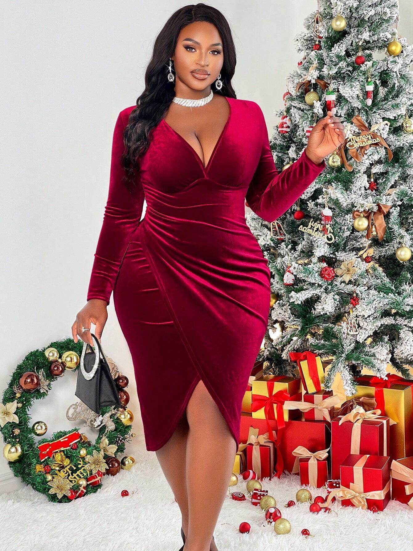 Autumn and Winter New Womens Sexy Socialite Style Dress V-neck Design with Wine Red Mid Length Skirt