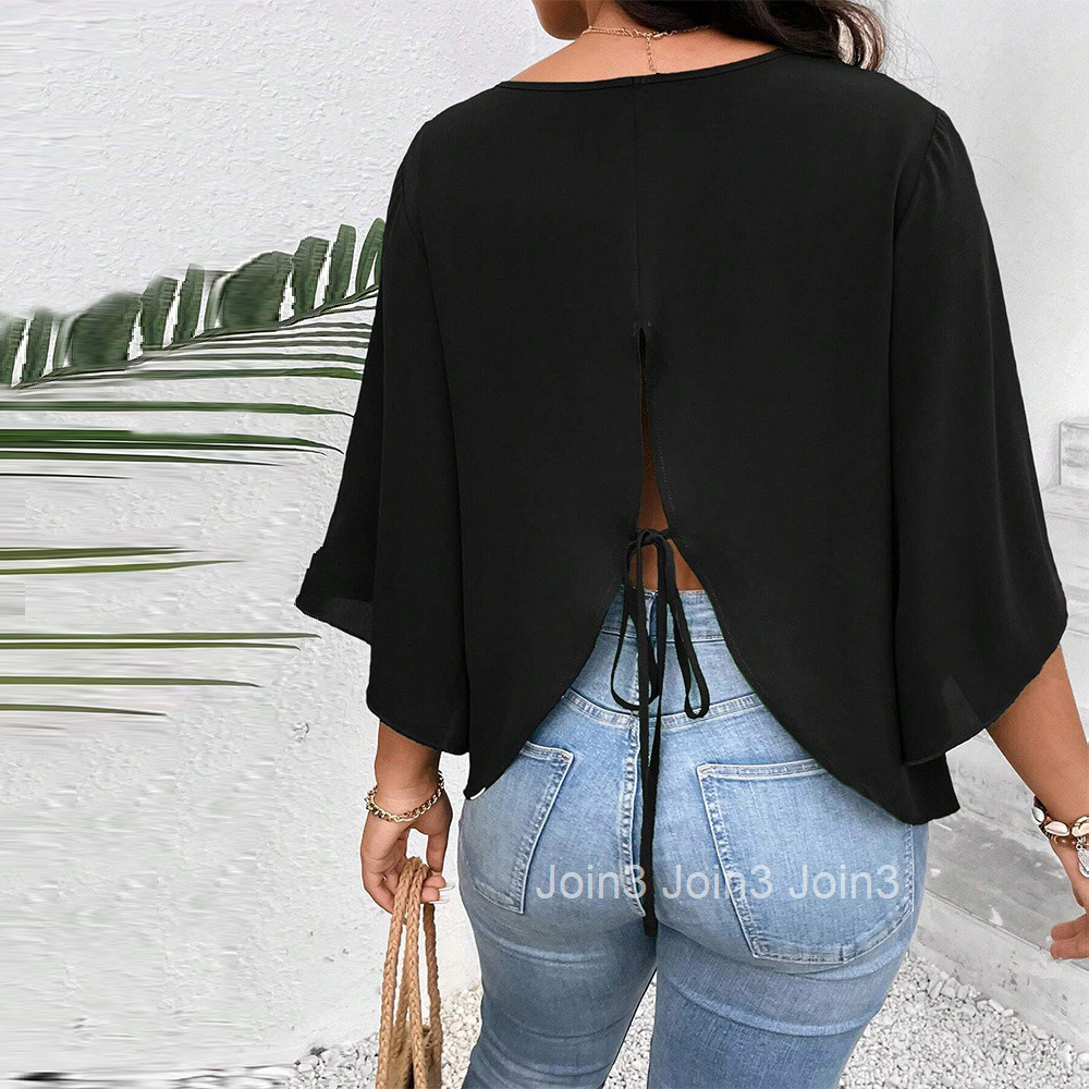 Plus Size Womens Loose Casual T-shirt Autumn and Winter Flared Sleeves Black Slimming Short Top