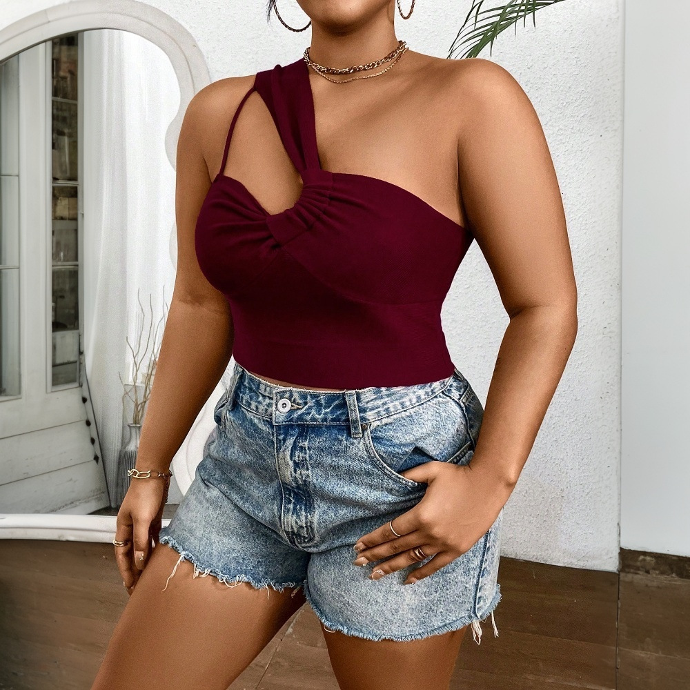 2025 Spring/summer New Large Size Womens Sexy Single Side Strap T-shirt Wine Red Slimming Short Top