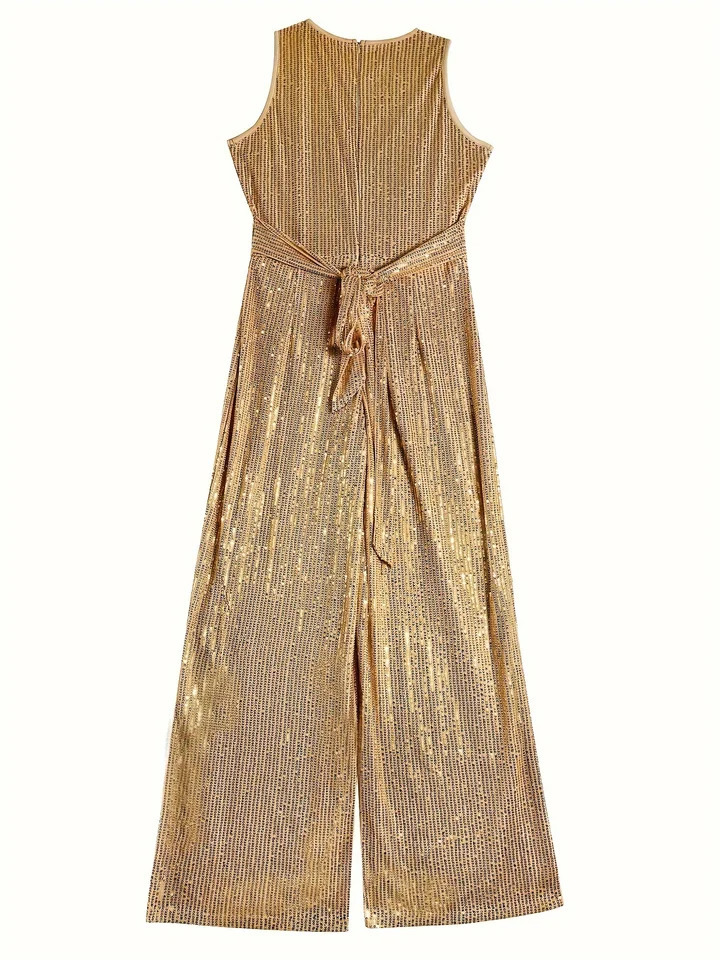 Plus Size Women Elegant Sequin Wide Leg Jumpsuit Polyester Fitted Round Neck Long Zipper Closure Perfect for Evening Date 250515