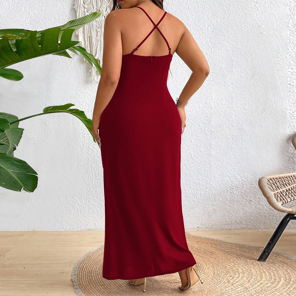 Large Size Womens Elegant Socialite Style Red Dress Autumn and Winter New High Waisted Hanging Neck Long Skirt