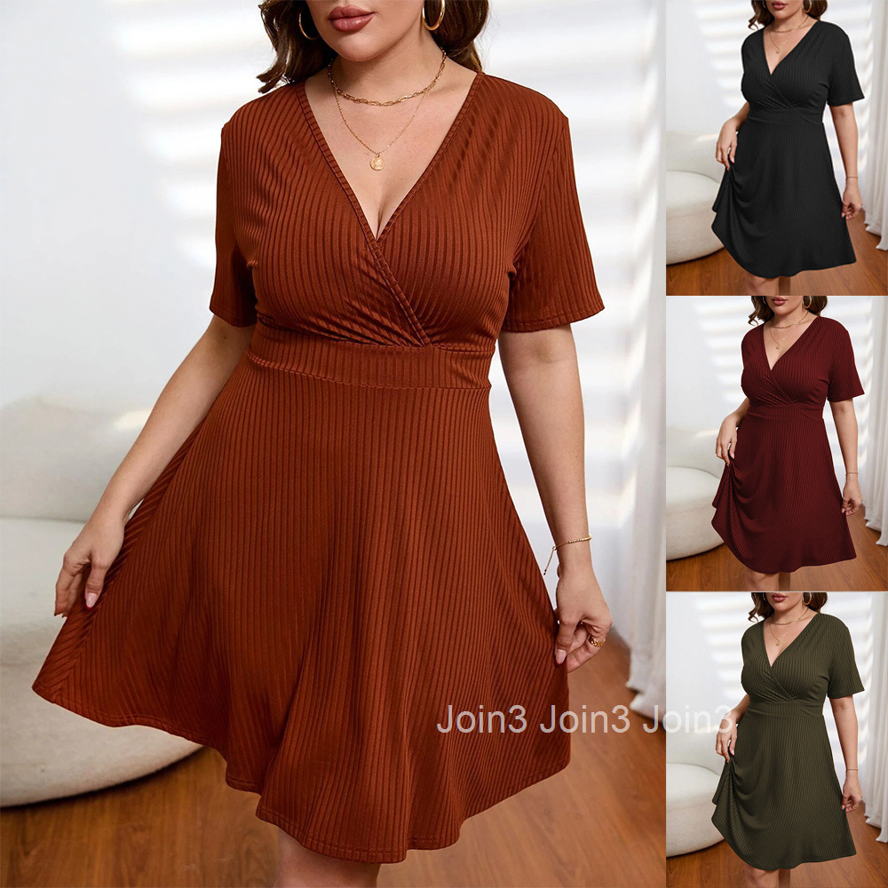 Large Size Womens New Deep v Waist Cinched Short Sleeved Casual Solid Color Knitted Dress
