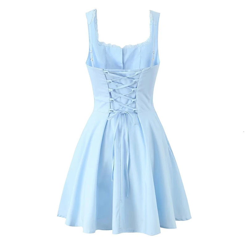 YENKYE 2025 Women Blue Elegant Party Mini Dresses Sexy Sleeveless Low Waist A-line Summer Dress Lace Up Back Robe 250515