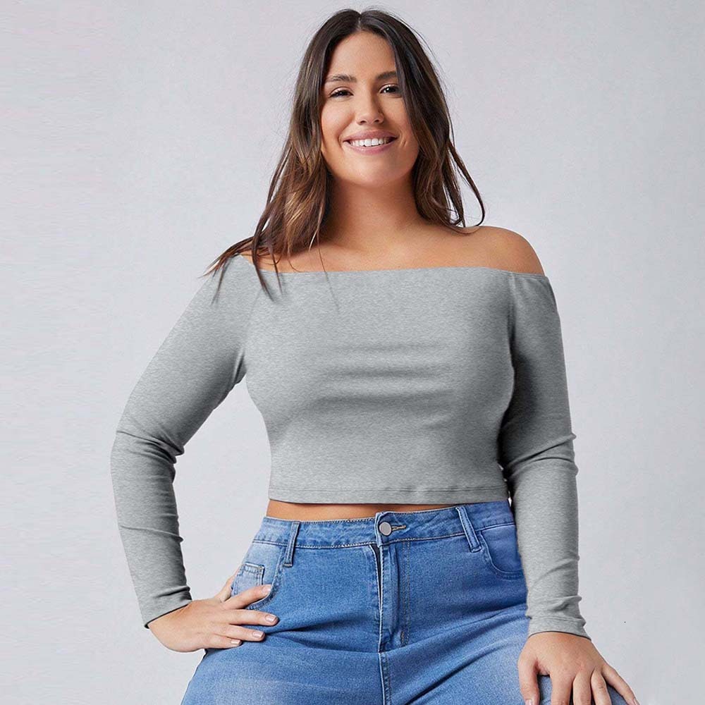 Plus Size Womens Simple Style One Neck T-shirt for Autumn and Winter Slim Fit Inner Layer Long Sleeved Top