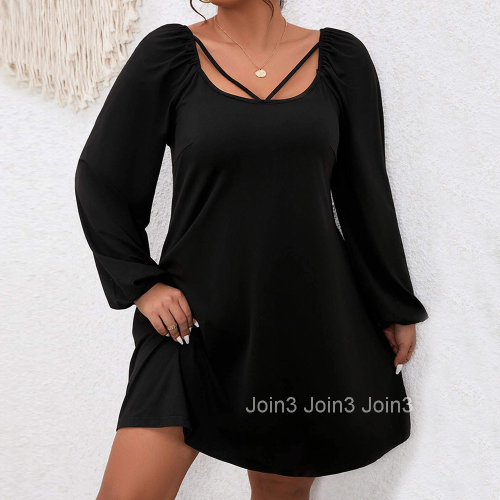 Large Size Womens Autumn and Winter New Collection Waist Cinched A-line Skirt with Bubble Sleeves and Square Collar Temperament Dress