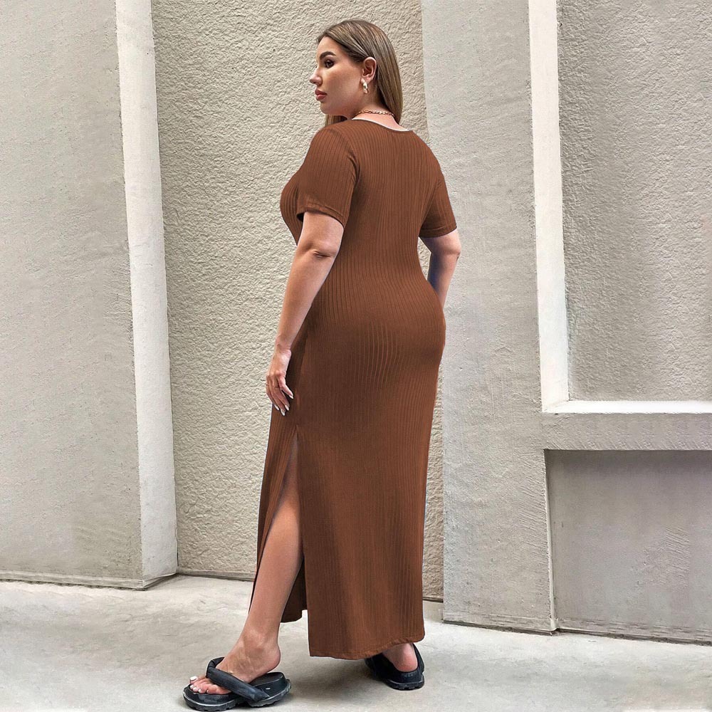 Large Size Womens Clothing New Style Temperament Waist Cinching Slit Short Sleeved Dress Hip Hugging Long Skirt