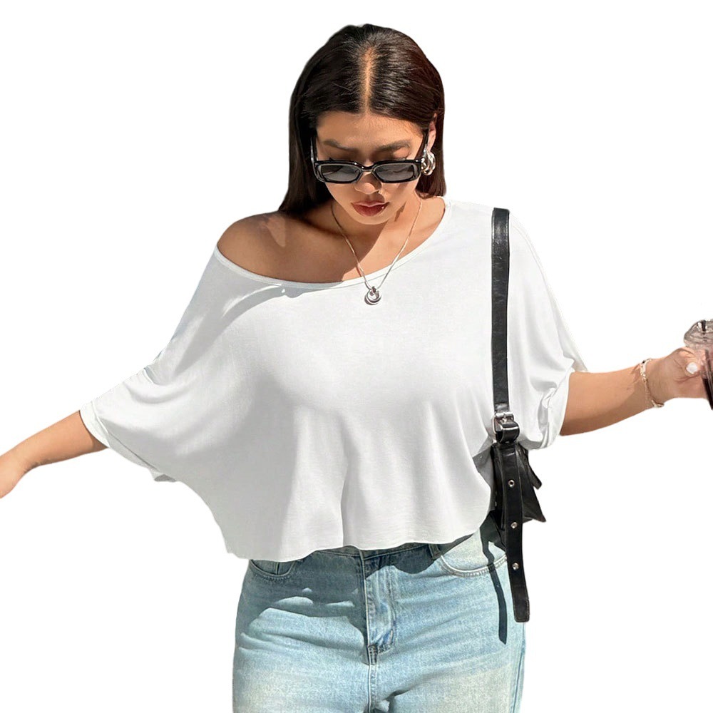 2025 Summer New Plus Size Womens Simple Casual Style T-shirt Round Neck Off Shoulder Half Sleeve Slimming Top