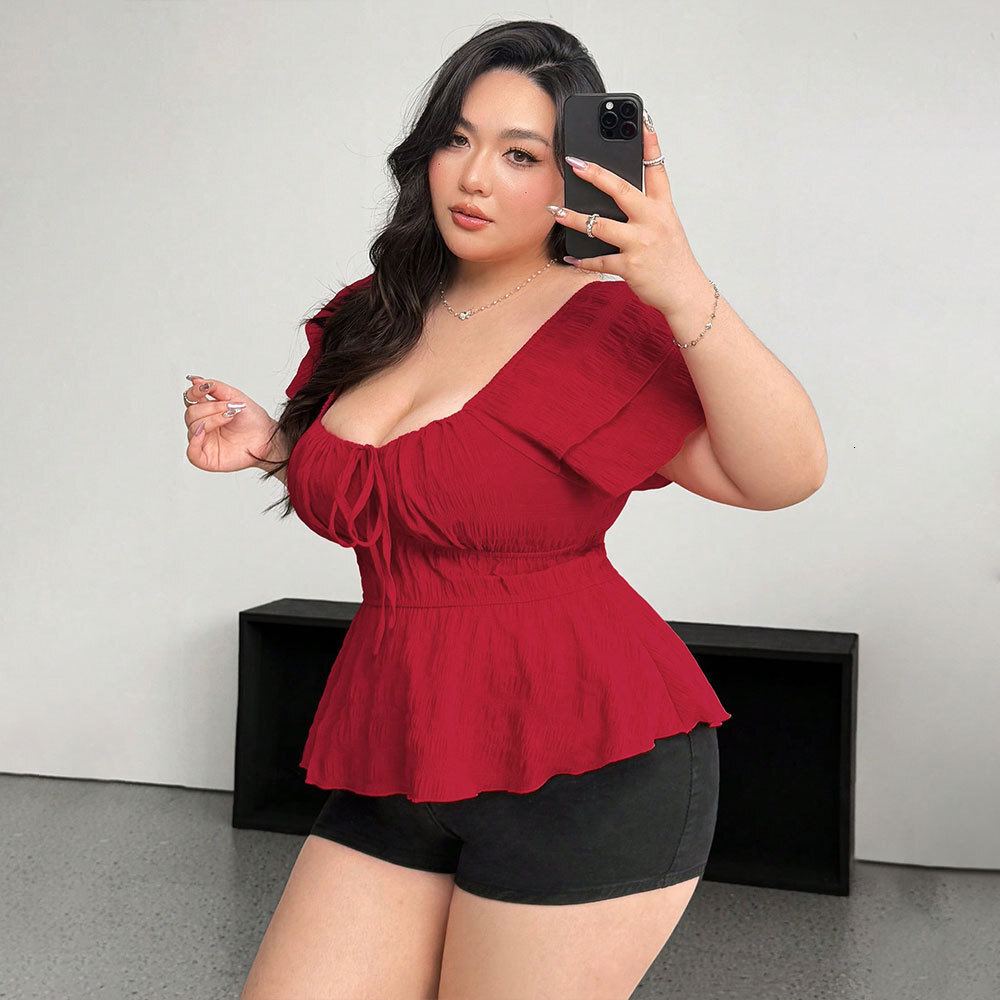 Large Size Womens Sexy Square Neck T-shirt Summer Big Red Sweet and Spicy Waist Cinching Top
