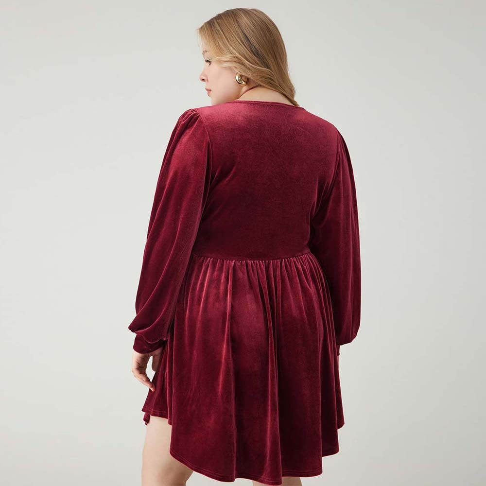 Large Size Womens Elegant Temperament Dress Autumn and Winter V-neck Wine Red High Waisted Short Skirt for Women