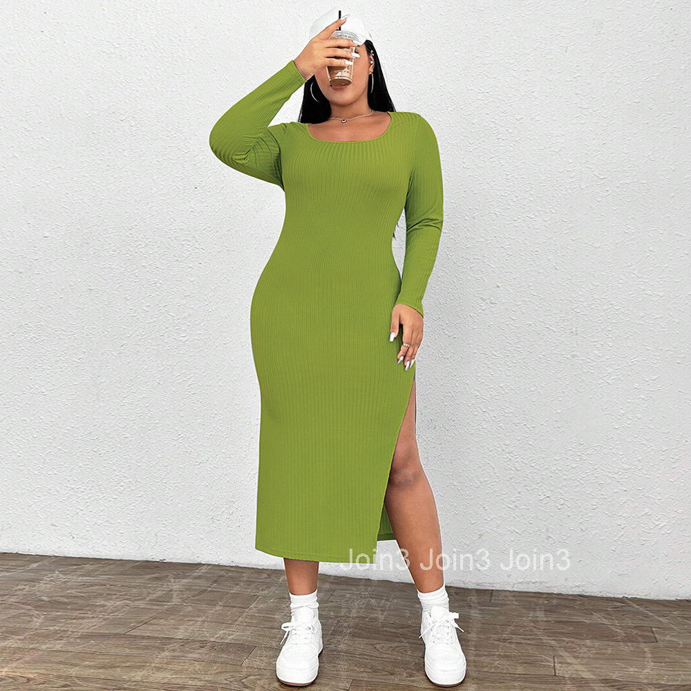 Large Size Womens Autumn and Winter New Slim Fit Bag Hip Slit Square Neck Knitted Long Sleeved Dress