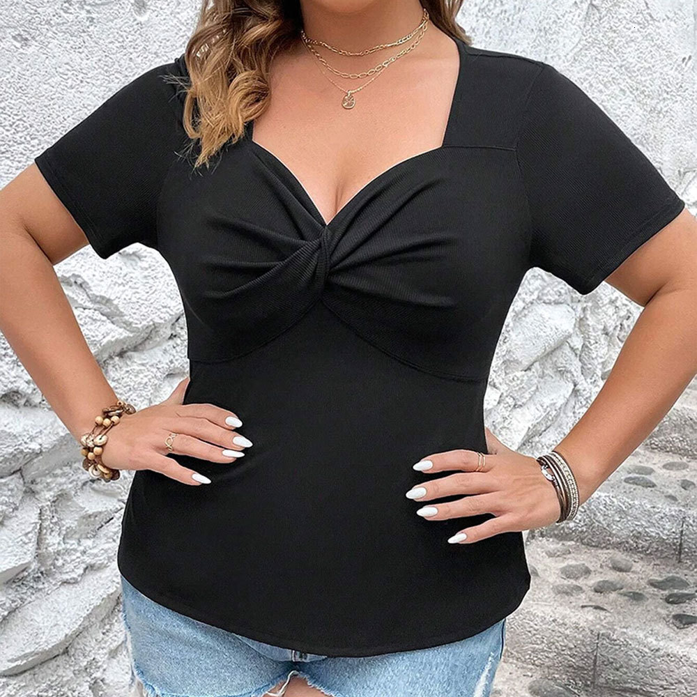 Large Size Womens Sexy V-neck Slim Fit and Slimming Temperament Commuting Short Sleeved Womens T-shirt White Top