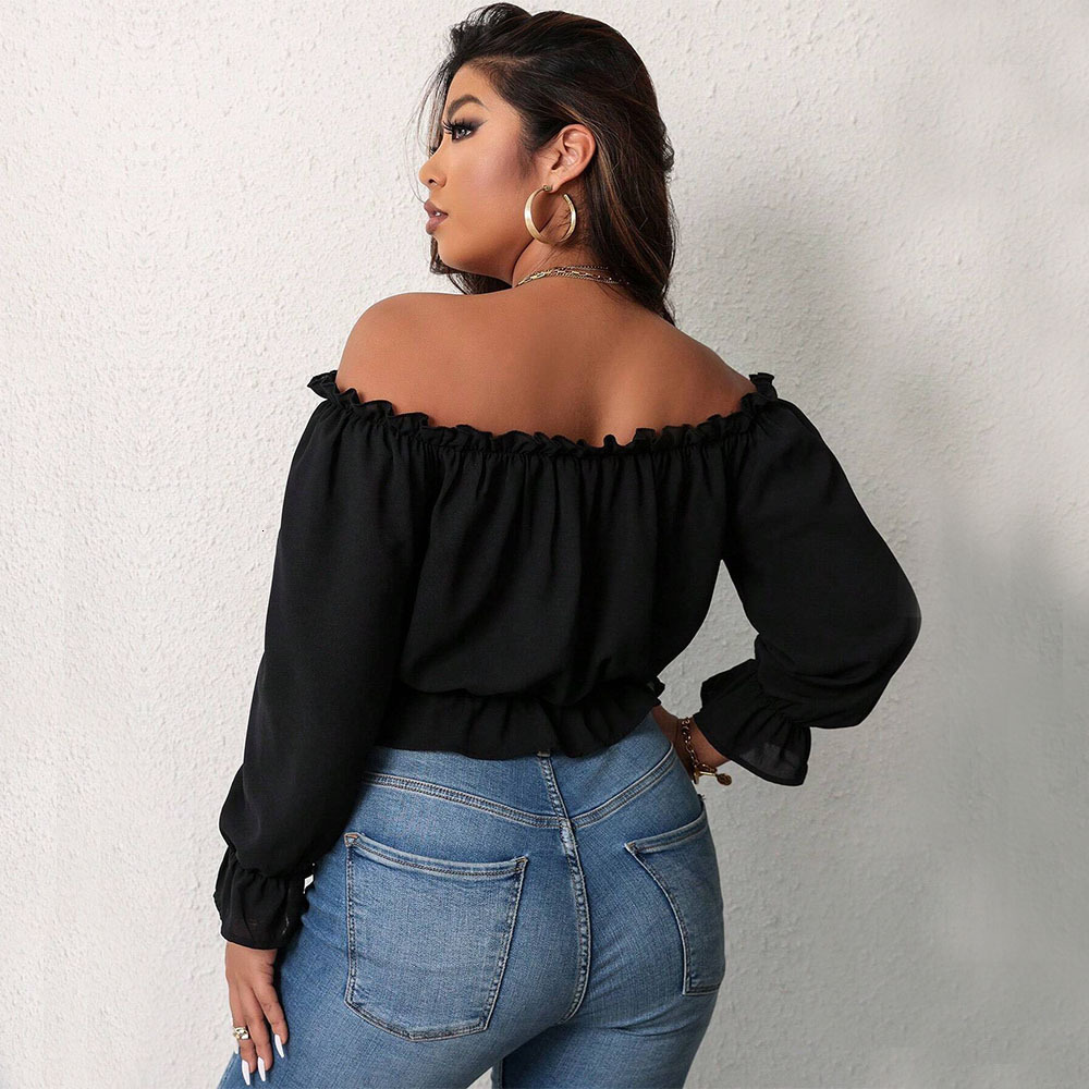 Large Size Womens High Cold Imperial Style T-shirt for Autumn and Winter One Neck Off Shoulder Slim Fit Short Top
