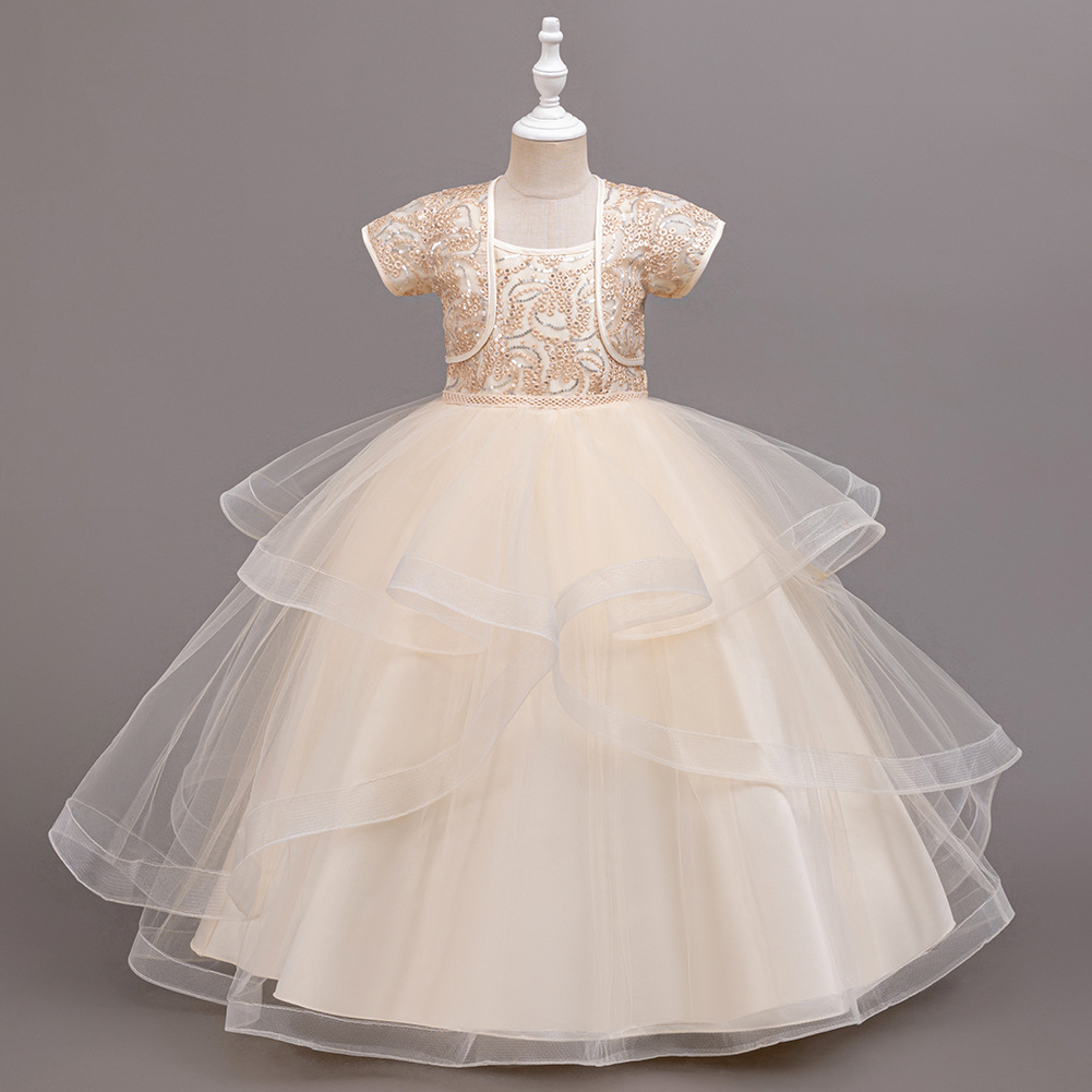 Girl Party Dress New Elegant Mesh Long Wedding Bridesmaid Dress 3-14Y Sequin Graduation Ball Evening Dresses Christmas performance host speeches D151