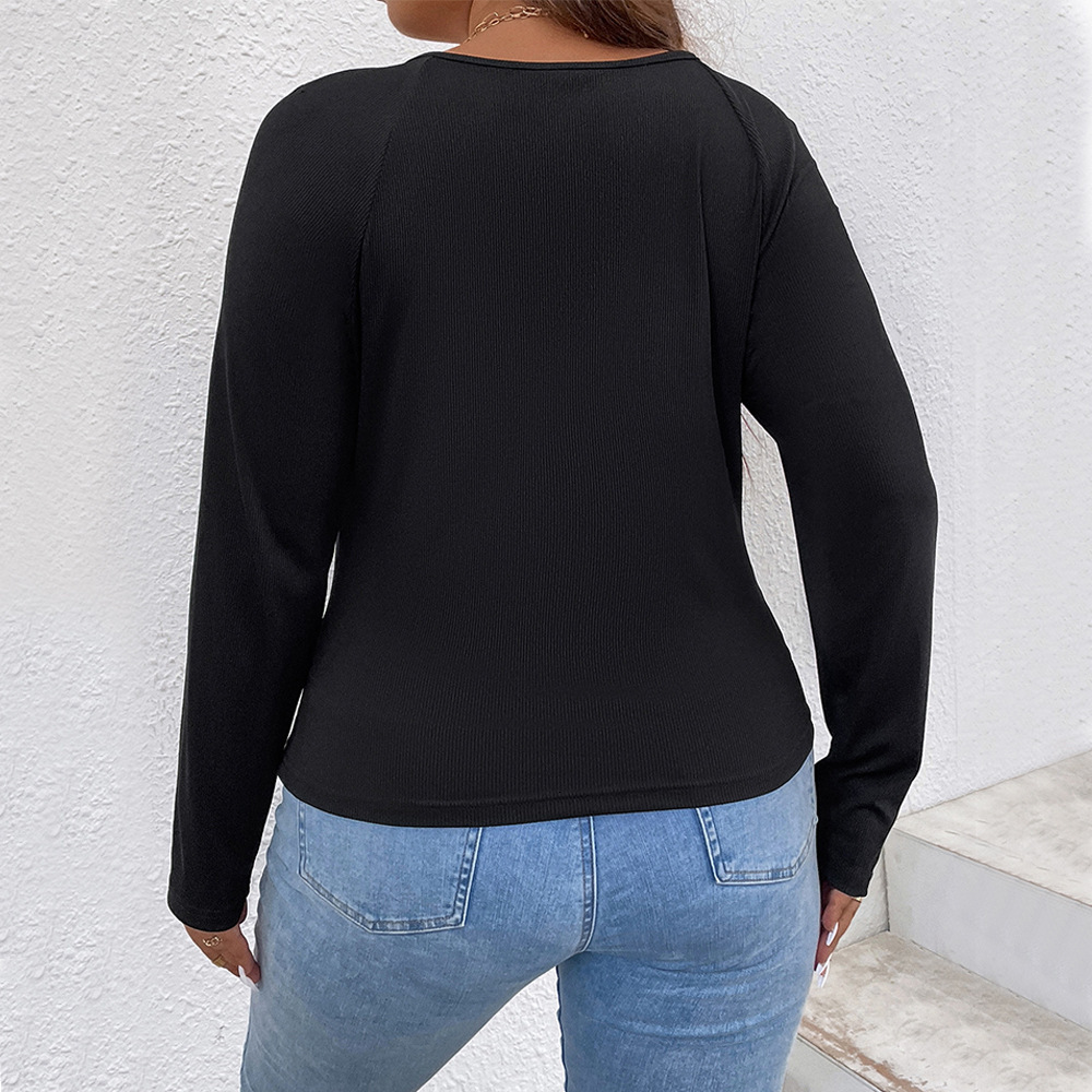 Large Size Womens Knitted Strap Pleated Hollow Long Sleeved T-shirt with Sexy Temperament Top