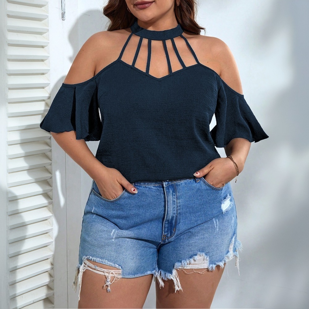 2025 Plus Size Womens Elegant Style T-shirt Summer New Style Hanging Neck Off Shoulder Slimming Short Sleeved Top