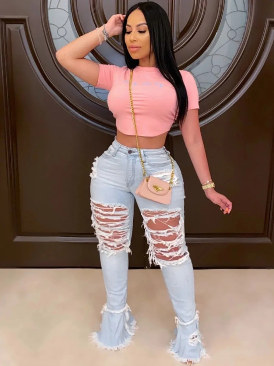LW Plus Size Ripped Flared High Stretchy Jeans Streetwear Straight Pants Loose Wide Leg Pants Ladies Jeans Y2K Summer Jean 250515