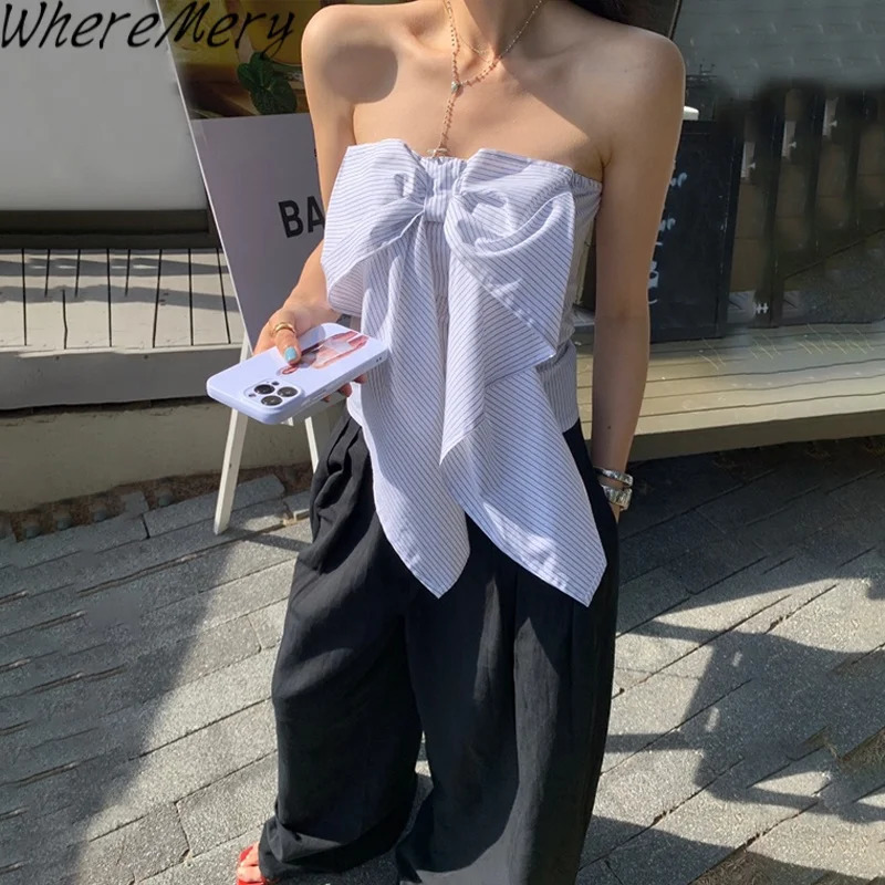 WhereMery Korean Casual Off Shoulder Print Crop Tops Fashion Bow Sleeveless Tank Top Summer 2025 Preppy Streetwear Womens Vests 250506
