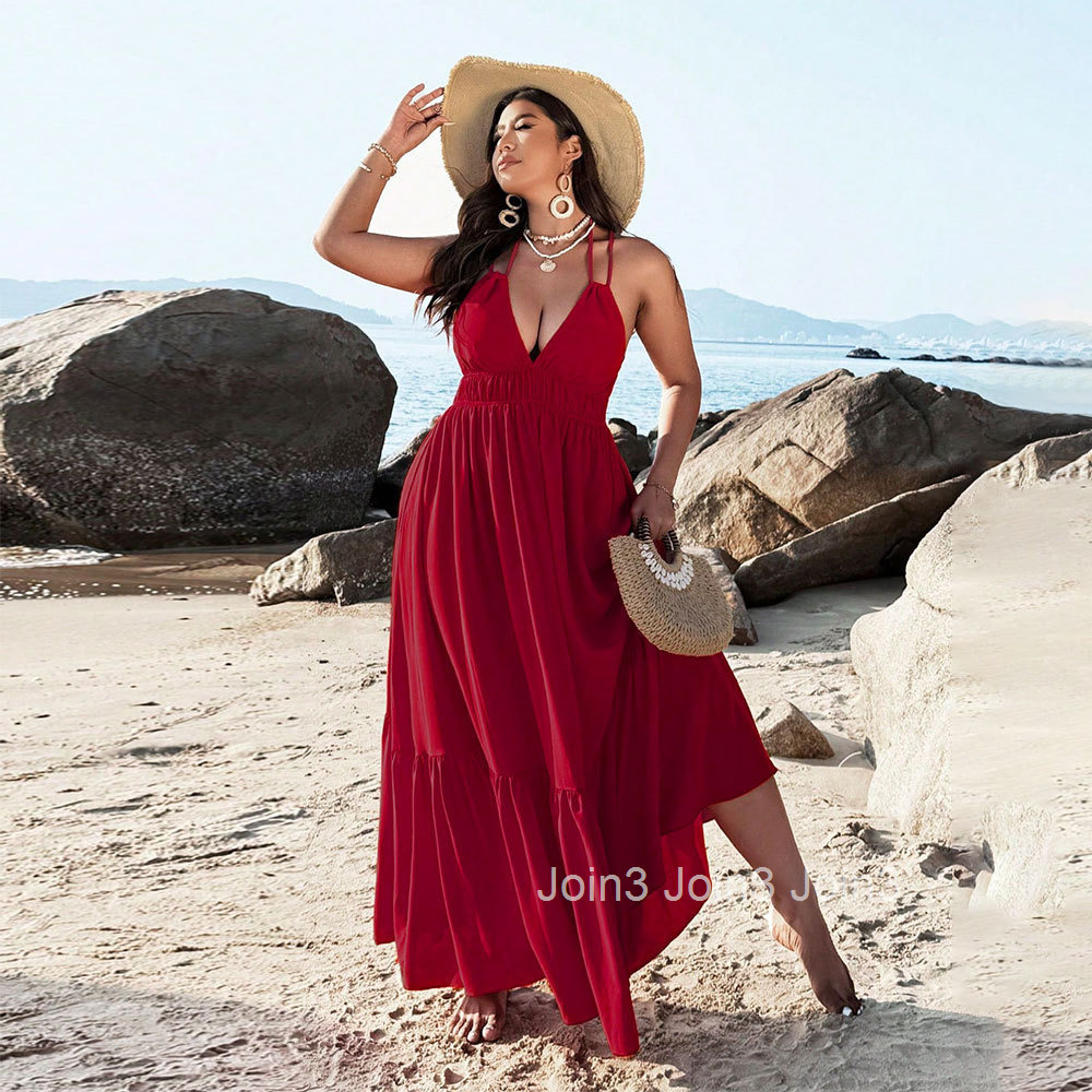 Large Size Womens Beach Resort Camisole Dress Summer V-neck Backless Beach Long Dress