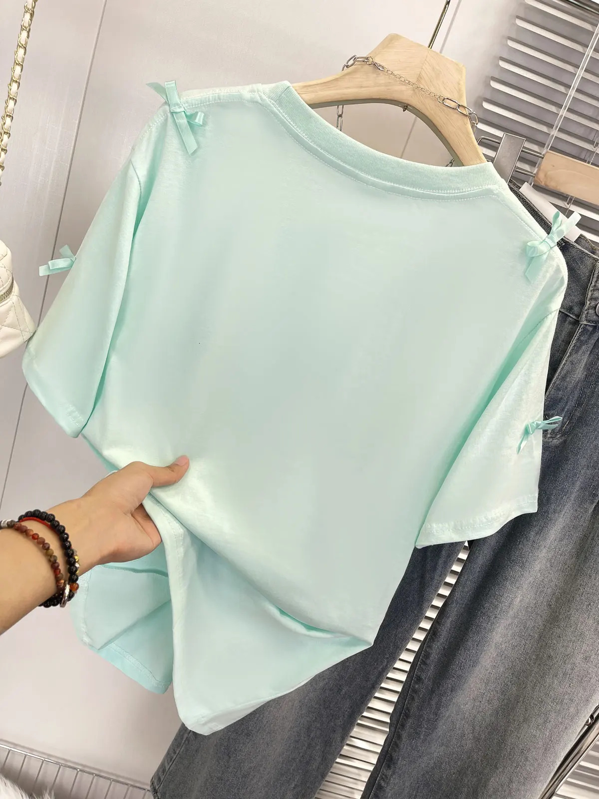 Y2k Letter Bow Embroidery Mint Green Womens Tshirt Plus Size 3D Bows Korean Sweet Top 2024 Summer Fashion Chic Lady Tee 250514