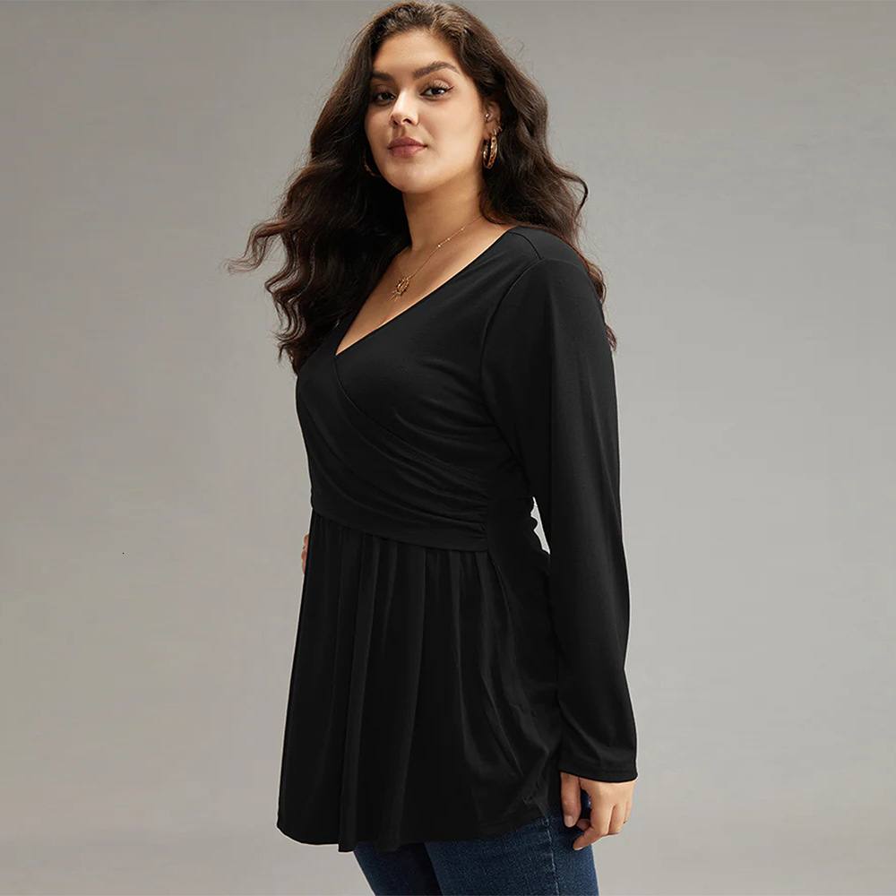 Large Size Womens Autumn and Winter Waist Cinched Ruffle Sexy V-neck Solid Color Long Sleeved T-shirt Temperament Top