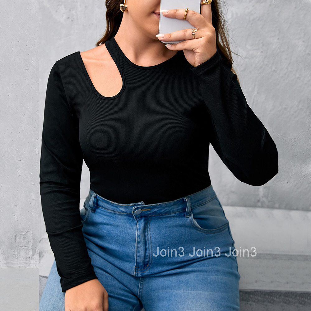 Large Size Womens Black Threaded Knitted Sweater with Round Neck and Long Sleeved Base Slim Fit with Hollowed Out Top Inside