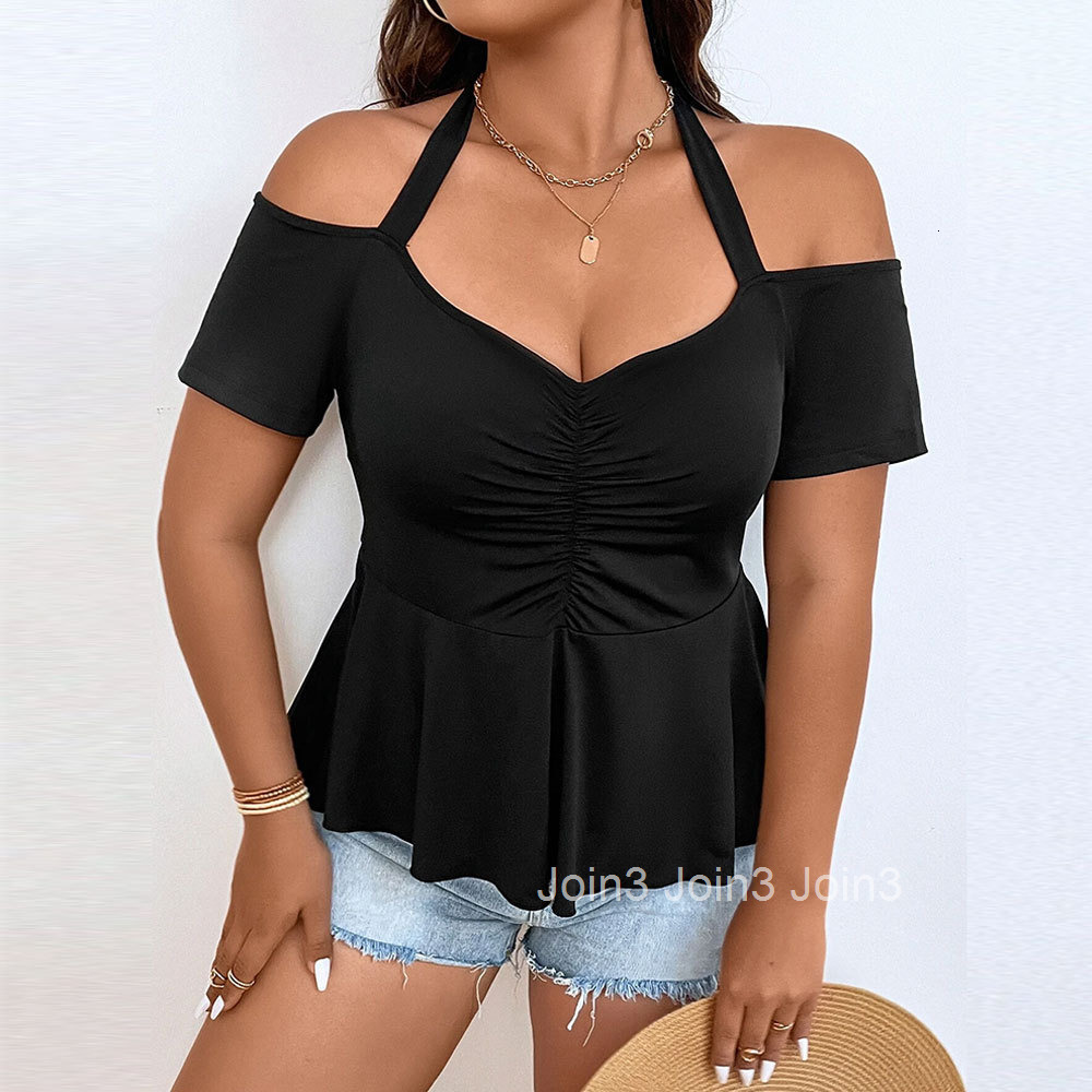 Plus Size Womens New Collection Waist Sexy Off Shoulder Hanging Neck T-shirt Solid Color Short Sleeved Versatile Top with Temperament