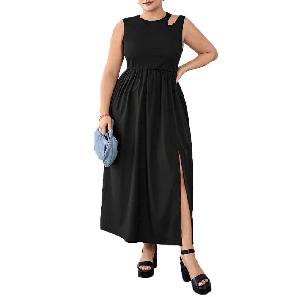 Summer New Large Round Neck Waist Split Skirt Tank Top Sleeveless Splicing Dress