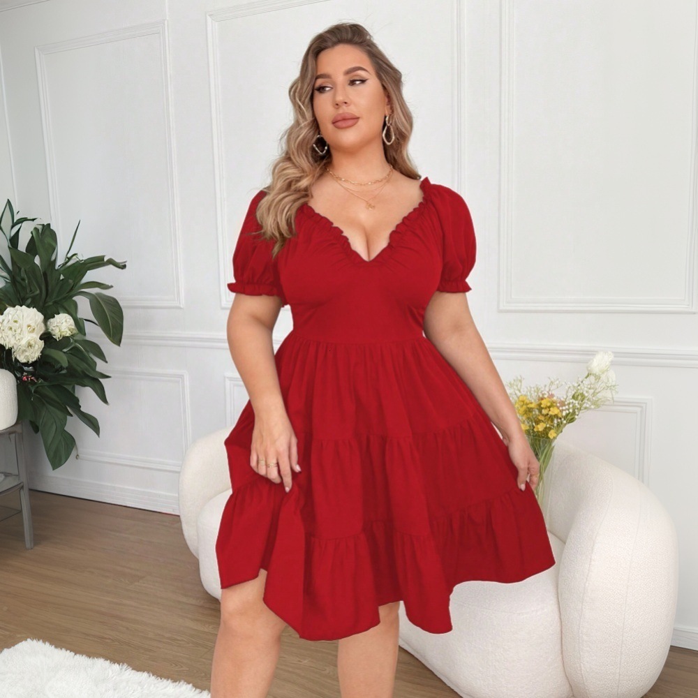 2025 Plus Size Womens Spring and Summer New Elegant Red Dress Slim Fit and Slimming Mid Length Skirt